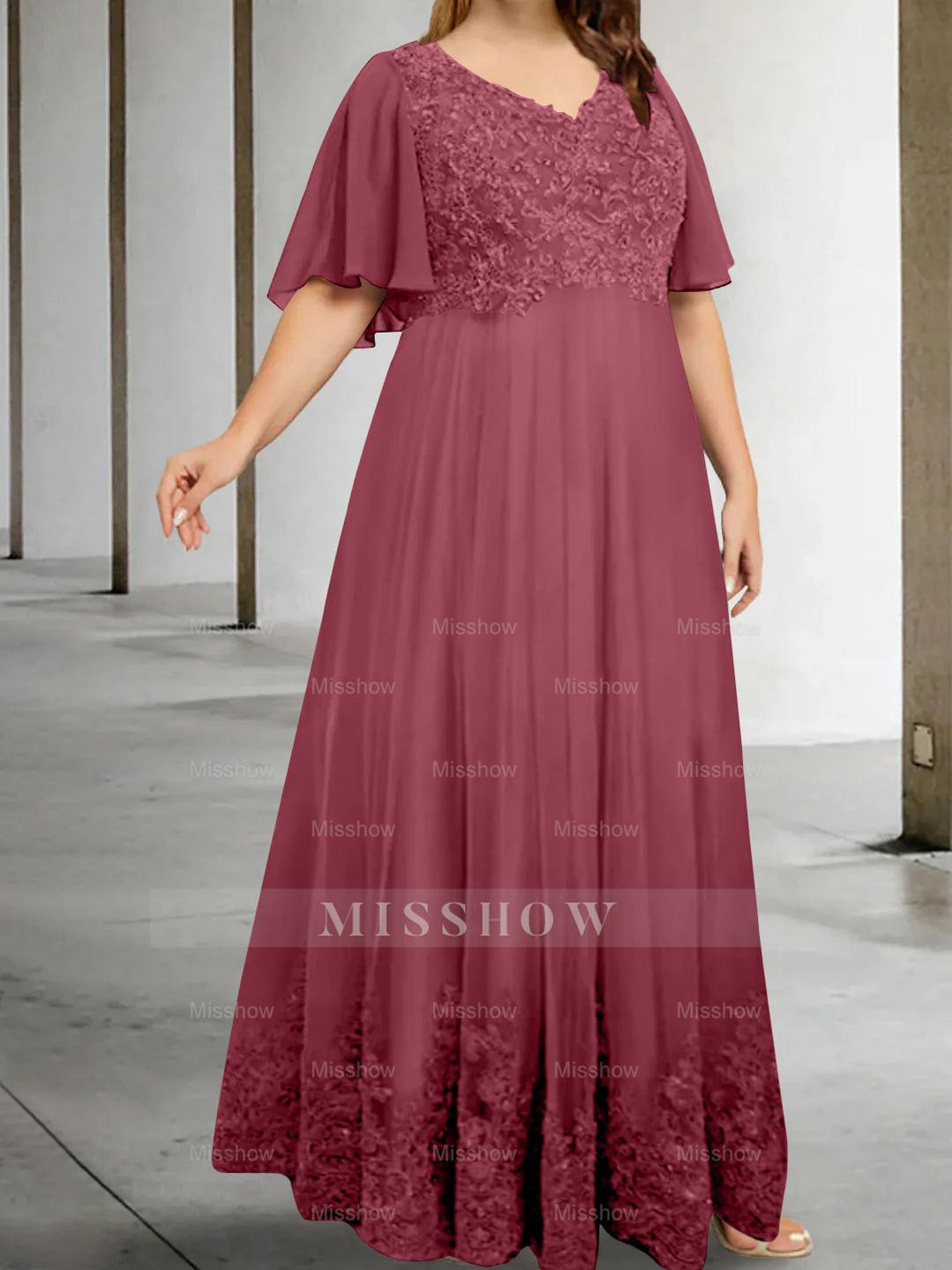 Plus Size V-Neck A-Line Princess Floor-Length Mother of the Bride Dress with Appliques and Half Sleeves