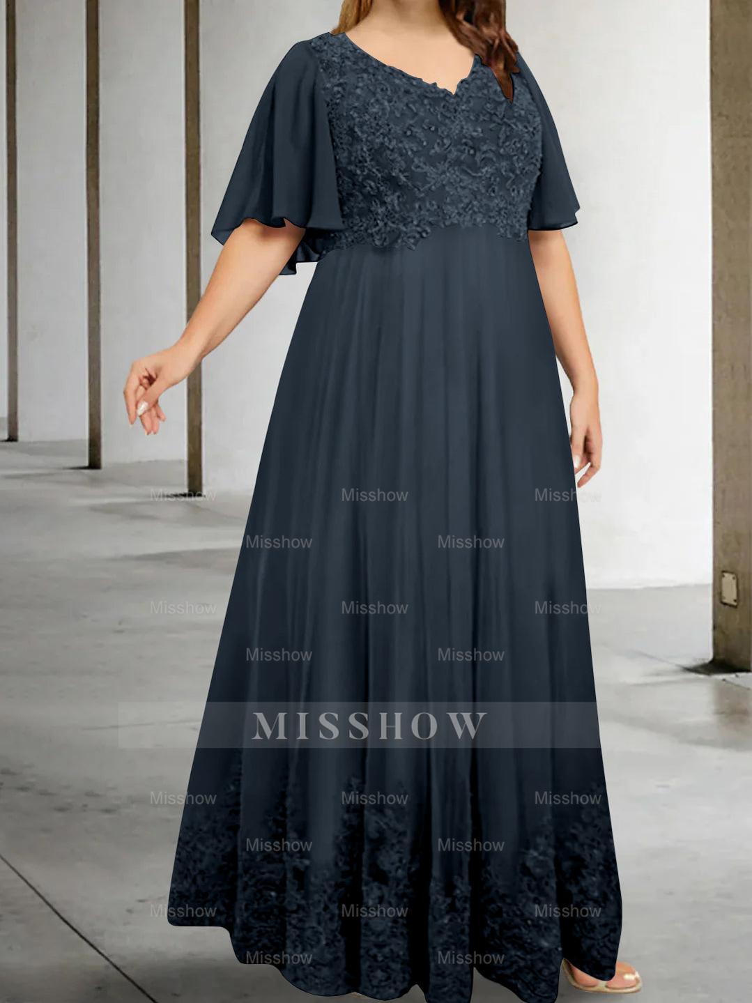 Plus Size V-Neck A-Line Princess Floor-Length Mother of the Bride Dress with Appliques and Half Sleeves
