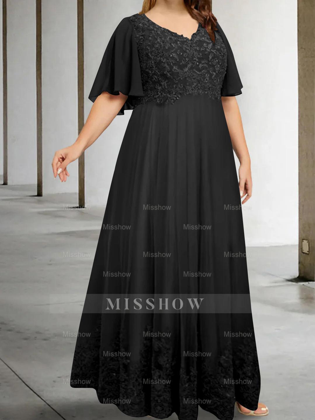 Plus Size V-Neck A-Line Princess Floor-Length Mother of the Bride Dress with Appliques and Half Sleeves