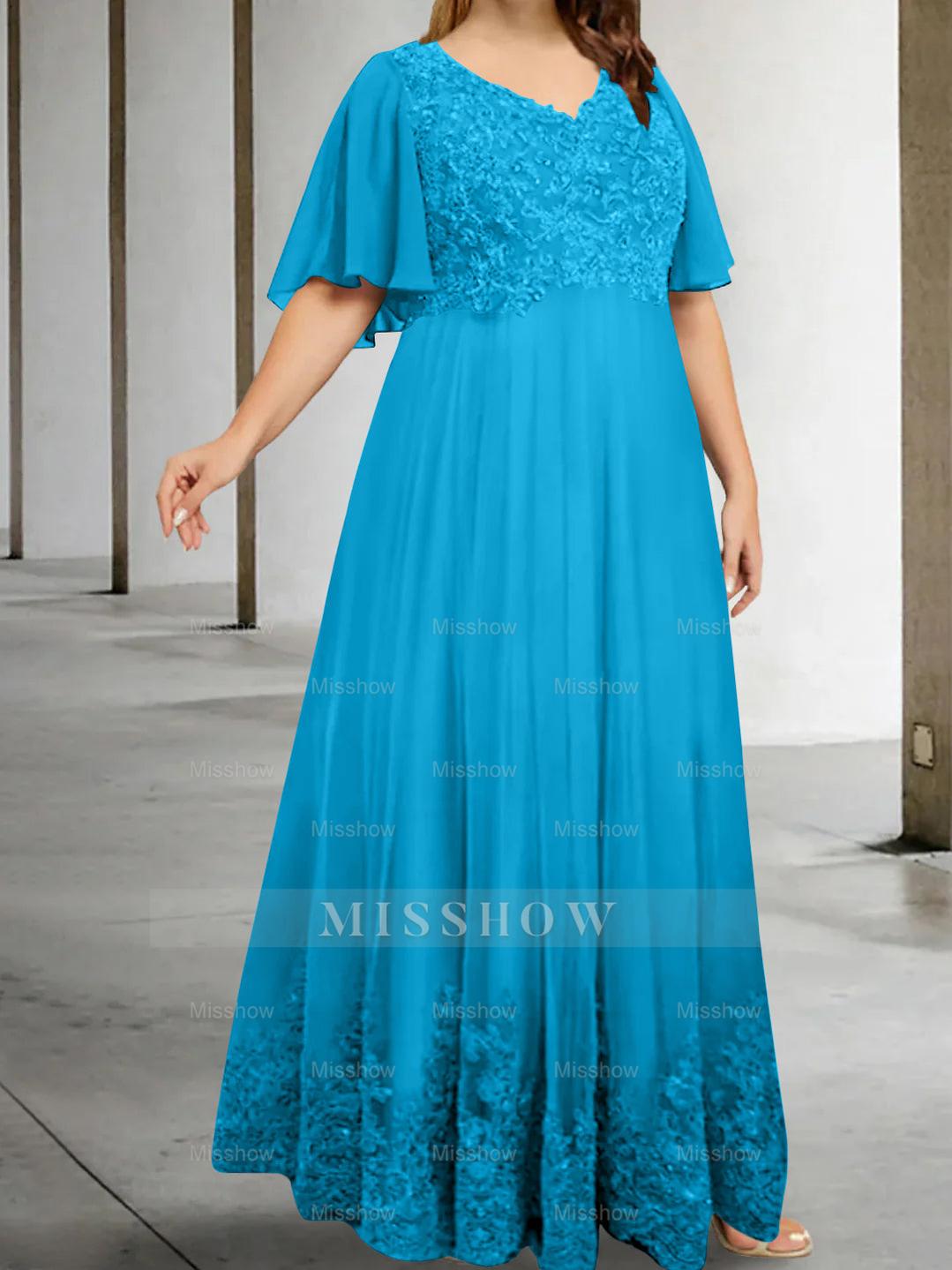 Plus Size V-Neck A-Line Princess Floor-Length Mother of the Bride Dress with Appliques and Half Sleeves