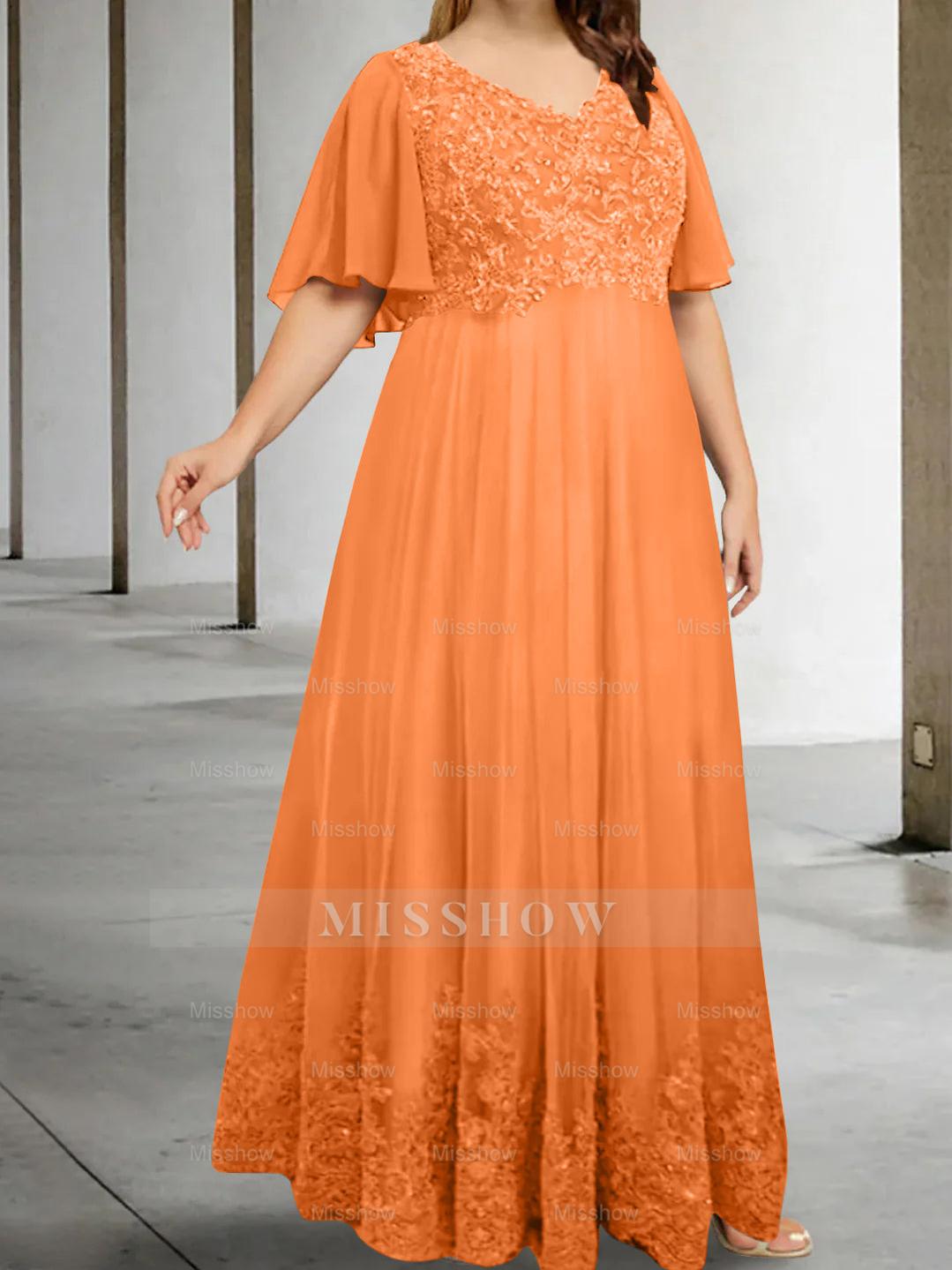 Plus Size V-Neck A-Line Princess Floor-Length Mother of the Bride Dress with Appliques and Half Sleeves