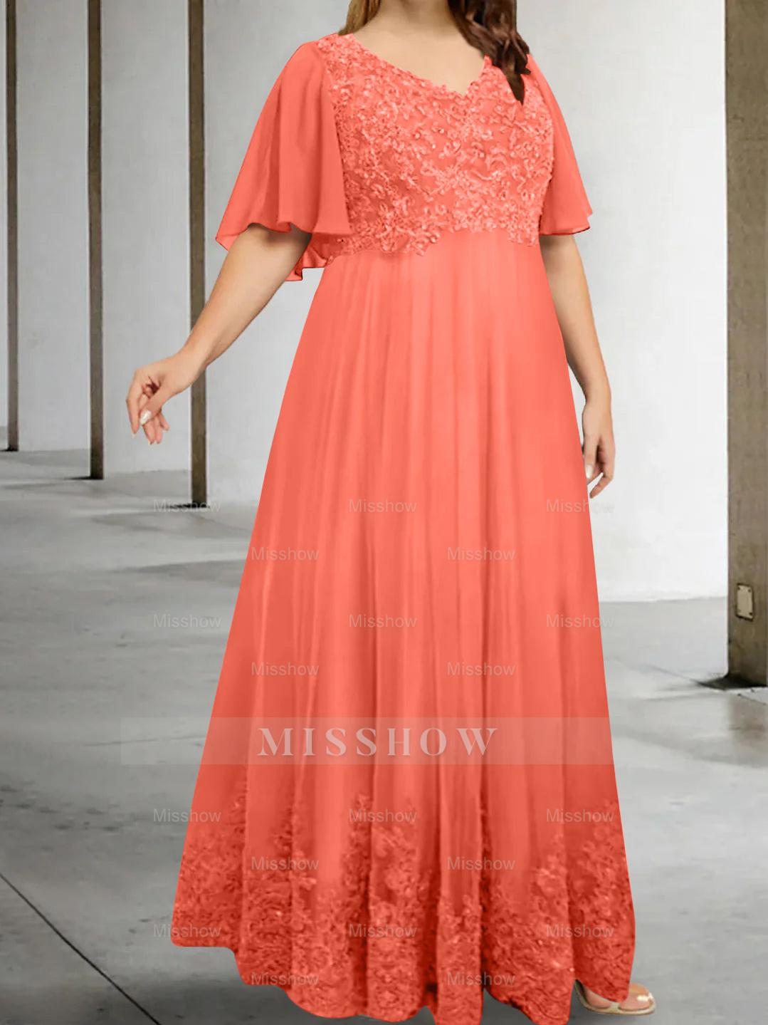 Plus Size V-Neck A-Line Princess Floor-Length Mother of the Bride Dress with Appliques and Half Sleeves