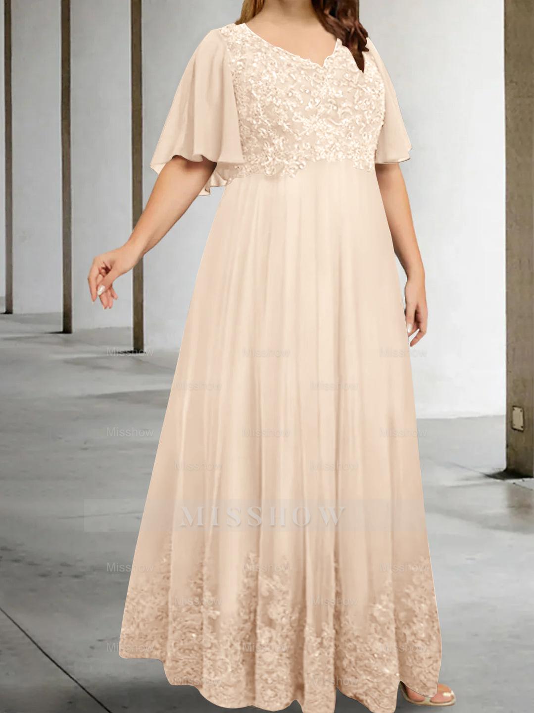 Plus Size V-Neck A-Line Princess Floor-Length Mother of the Bride Dress with Appliques and Half Sleeves