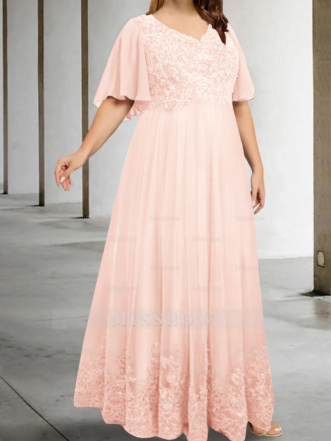 Plus Size V-Neck A-Line Princess Floor-Length Mother of the Bride Dress with Appliques and Half Sleeves