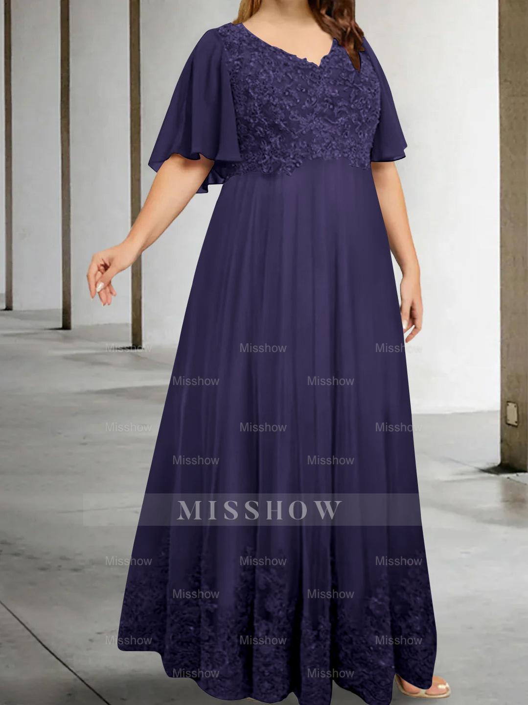 Plus Size V-Neck A-Line Princess Floor-Length Mother of the Bride Dress with Appliques and Half Sleeves