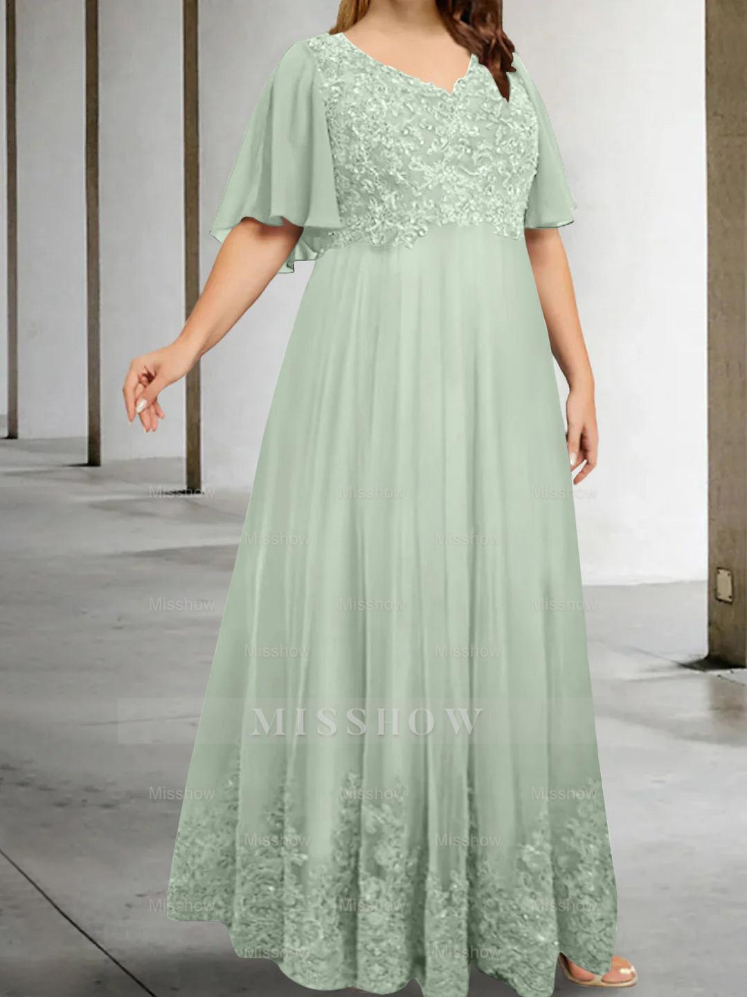 Plus Size V-Neck A-Line Princess Floor-Length Mother of the Bride Dress with Appliques and Half Sleeves
