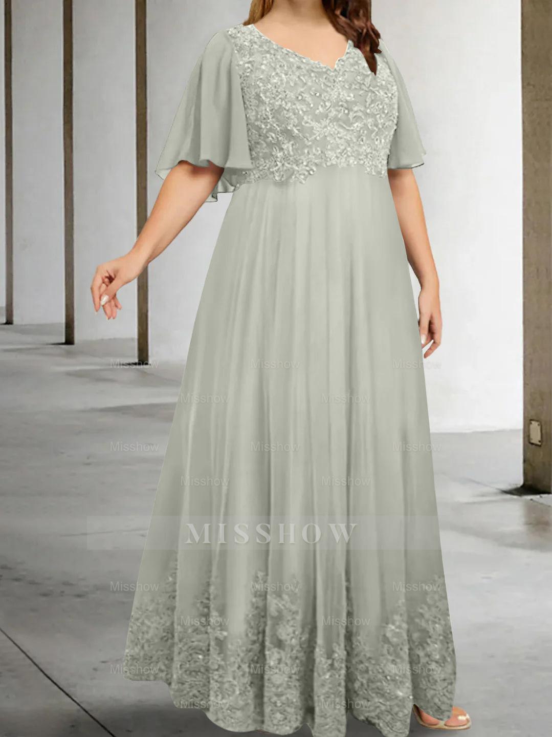Plus Size V-Neck A-Line Princess Floor-Length Mother of the Bride Dress with Appliques and Half Sleeves