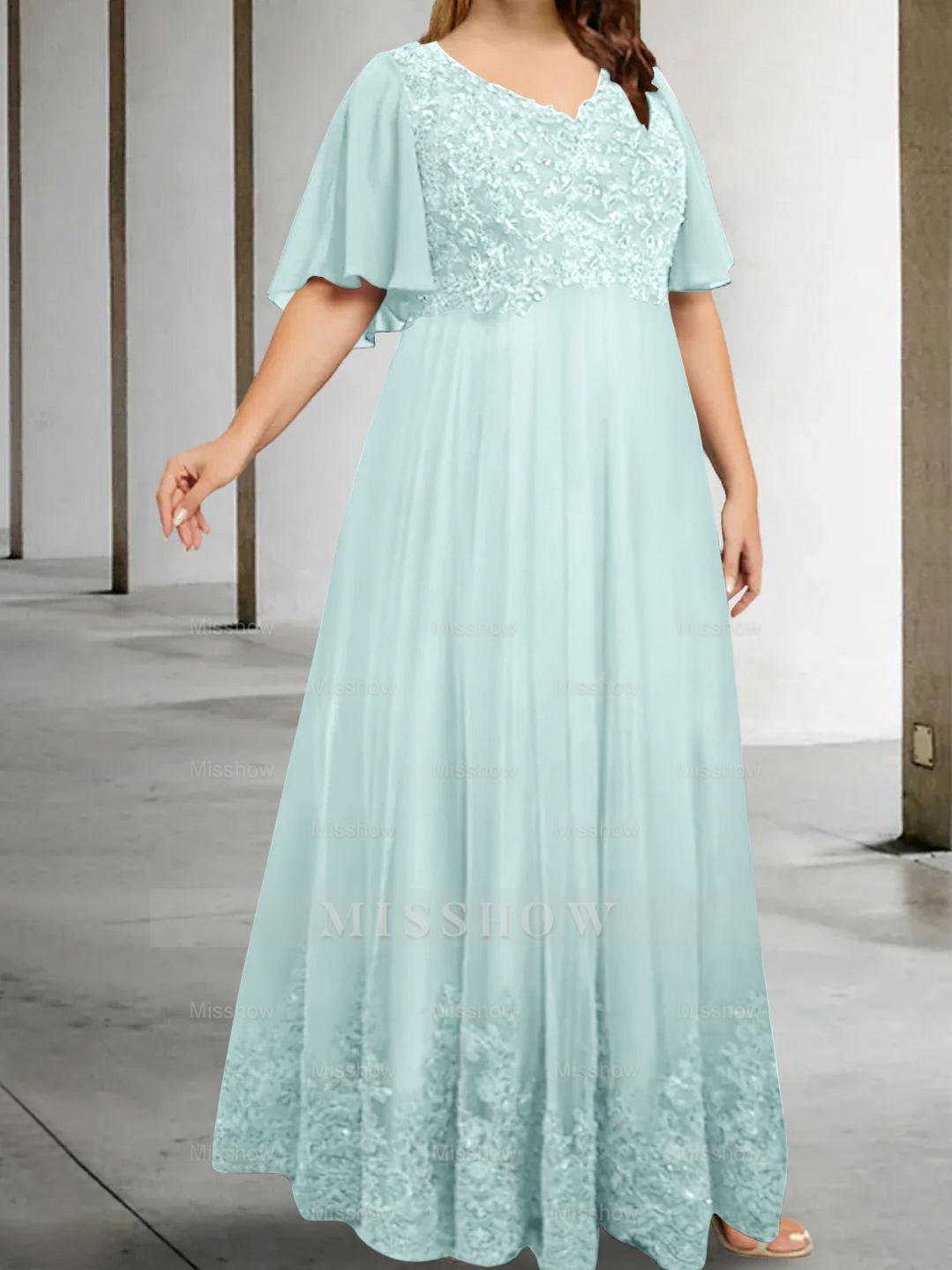 Plus Size V-Neck A-Line Princess Floor-Length Mother of the Bride Dress with Appliques and Half Sleeves