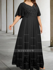 Plus Size V-Neck A-Line Princess Floor-Length Mother of the Bride Dress with Appliques and Half Sleeves