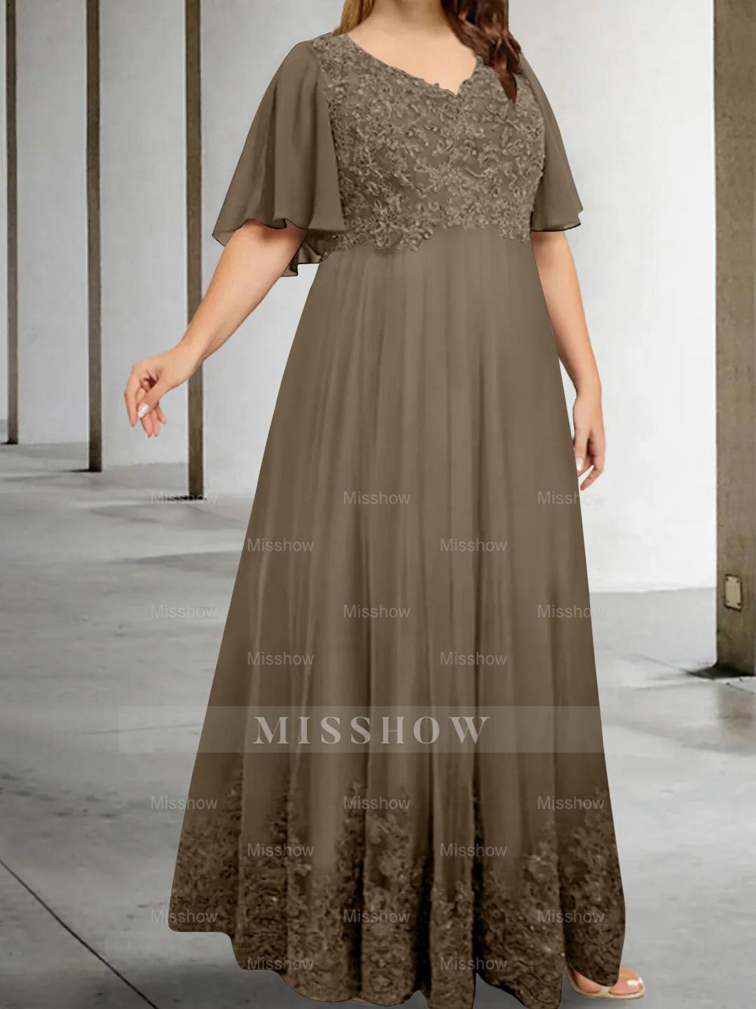 Plus Size V-Neck A-Line Princess Floor-Length Mother of the Bride Dress with Appliques and Half Sleeves