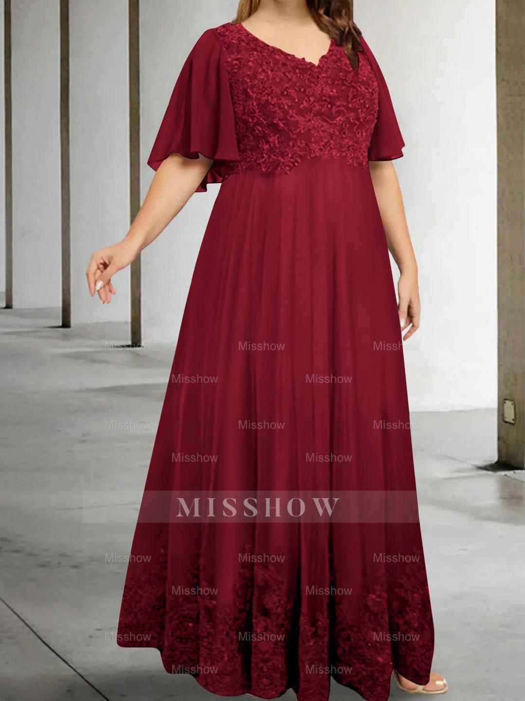 Plus Size V-Neck A-Line Princess Floor-Length Mother of the Bride Dress with Appliques and Half Sleeves