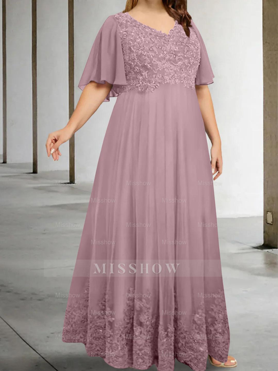 Plus Size V-Neck A-Line Princess Floor-Length Mother of the Bride Dress with Appliques and Half Sleeves