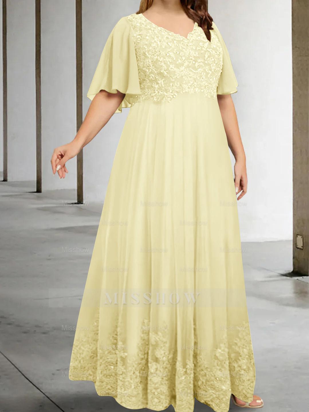 Plus Size V-Neck A-Line Princess Floor-Length Mother of the Bride Dress with Appliques and Half Sleeves