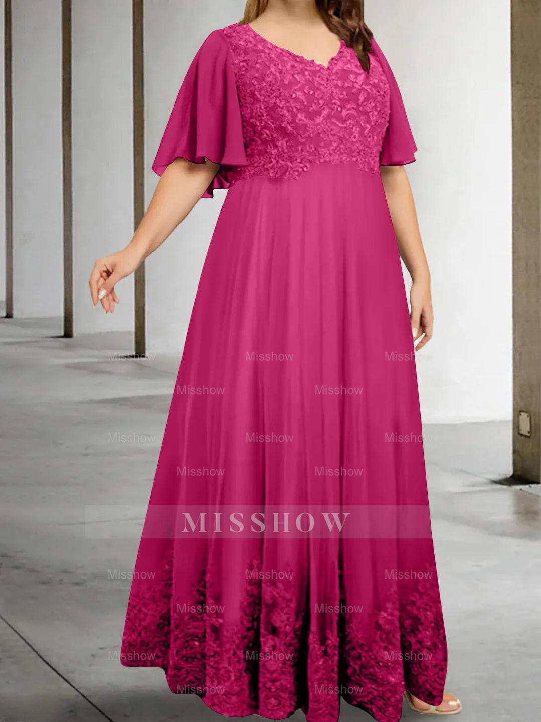 Plus Size V-Neck A-Line Princess Floor-Length Mother of the Bride Dress with Appliques and Half Sleeves