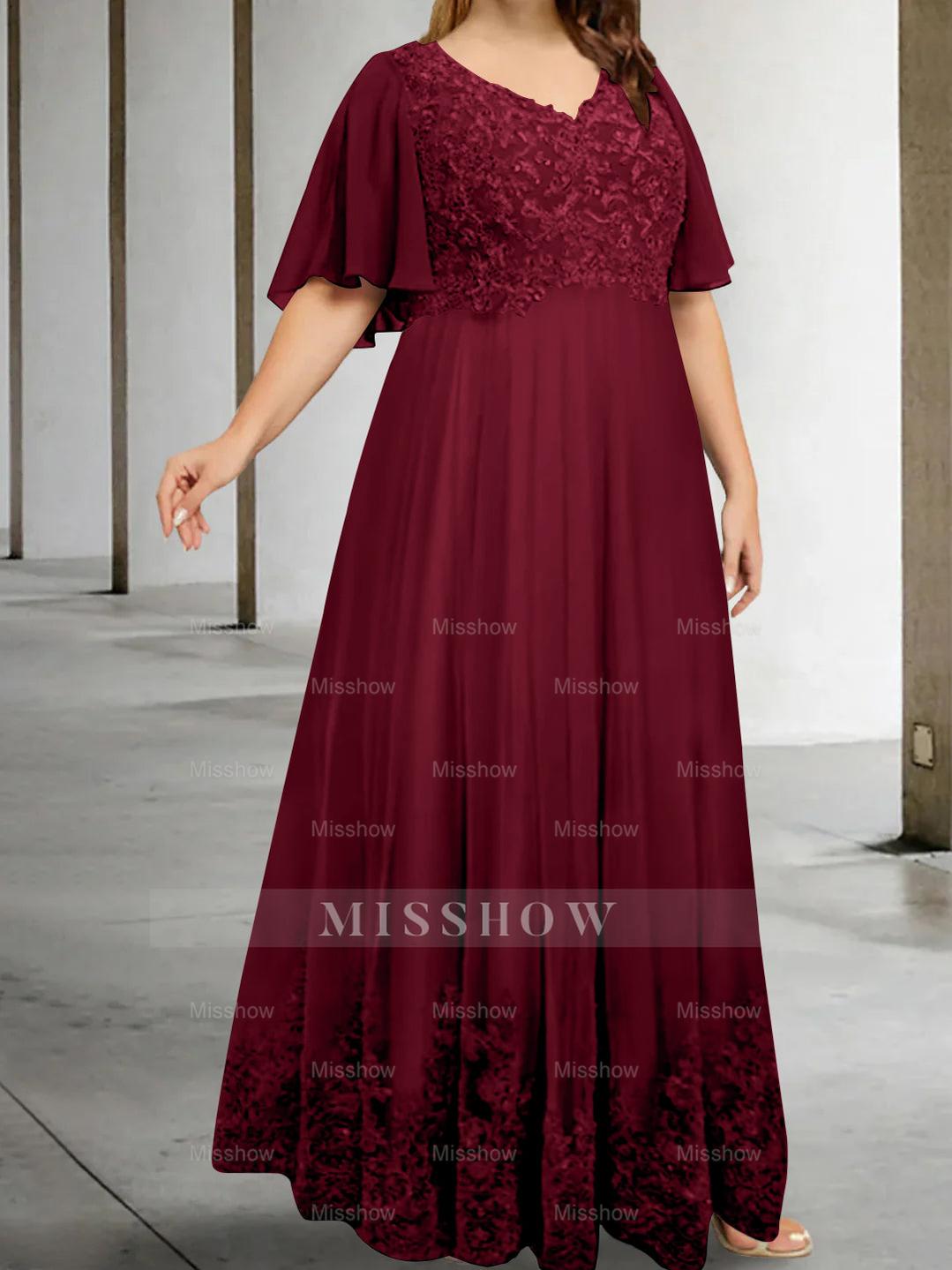 Plus Size V-Neck A-Line Princess Floor-Length Mother of the Bride Dress with Appliques and Half Sleeves