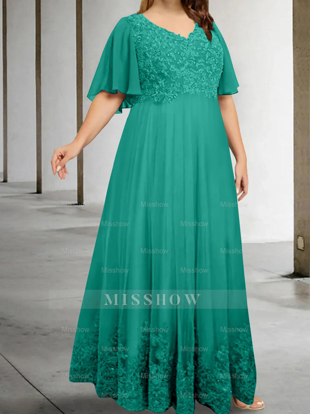 Plus Size V-Neck A-Line Princess Floor-Length Mother of the Bride Dress with Appliques and Half Sleeves
