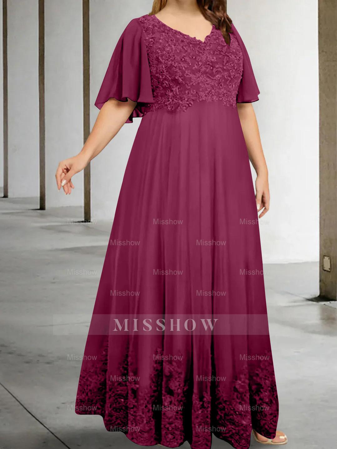 Plus Size V-Neck A-Line Princess Floor-Length Mother of the Bride Dress with Appliques and Half Sleeves