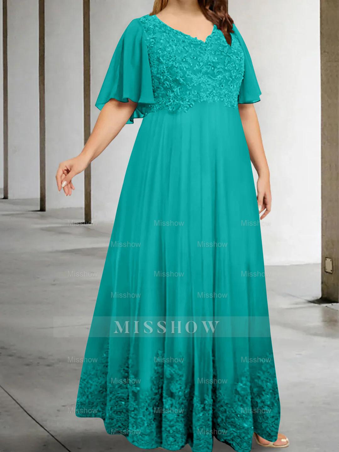Plus Size V-Neck A-Line Princess Floor-Length Mother of the Bride Dress with Appliques and Half Sleeves