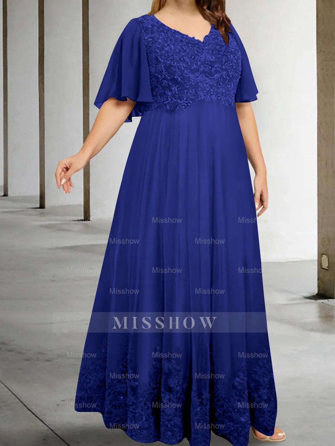 Plus Size V-Neck A-Line Princess Floor-Length Mother of the Bride Dress with Appliques and Half Sleeves