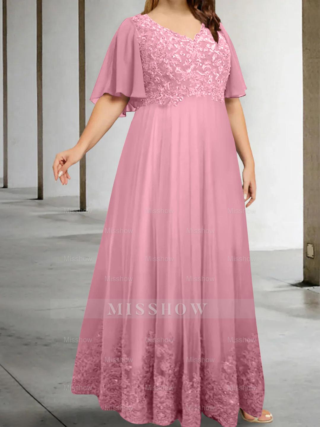 Plus Size V-Neck A-Line Princess Floor-Length Mother of the Bride Dress with Appliques and Half Sleeves