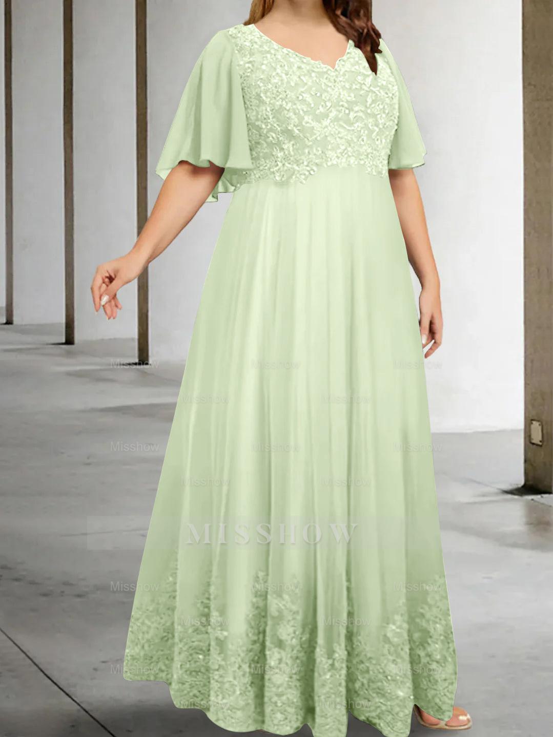 Plus Size V-Neck A-Line Princess Floor-Length Mother of the Bride Dress with Appliques and Half Sleeves