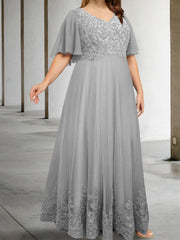 Plus Size V-Neck A-Line Princess Floor-Length Mother of the Bride Dress with Appliques and Half Sleeves