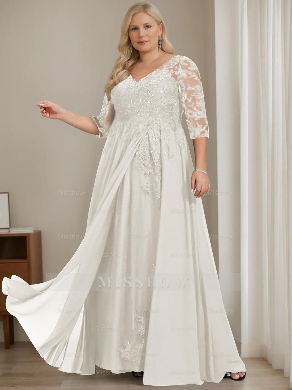 Plus Size V-Neck A-Line Princess Floor-Length Mother of the Bride Dress with Half Sleeves and Sequins