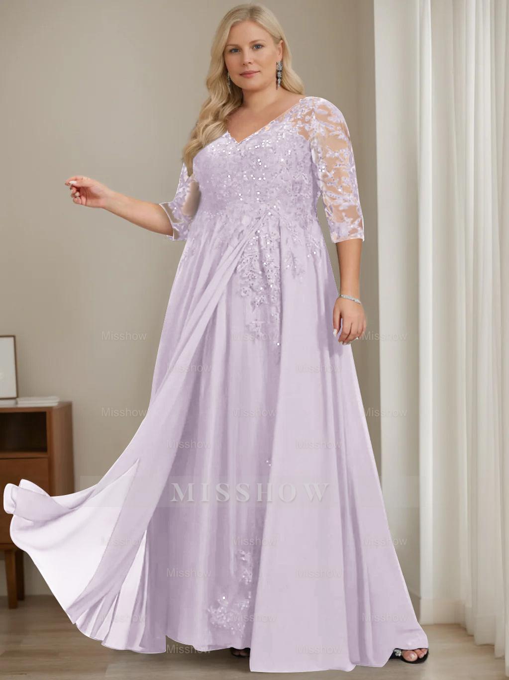 Plus Size V-Neck A-Line Princess Floor-Length Mother of the Bride Dress with Half Sleeves and Sequins
