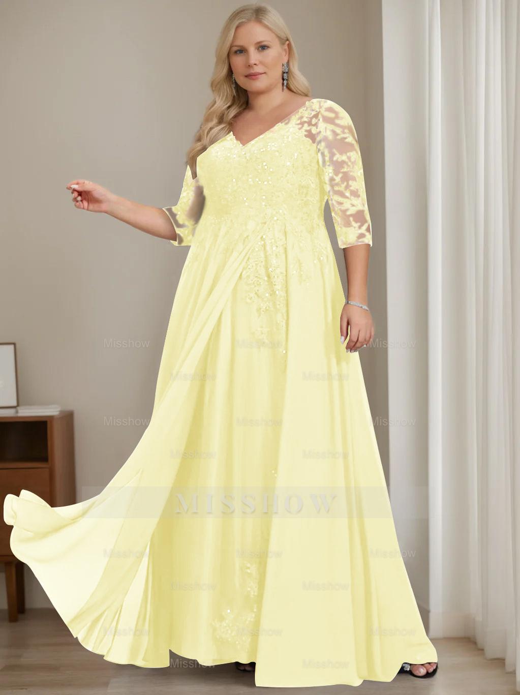 Plus Size V-Neck A-Line Princess Floor-Length Mother of the Bride Dress with Half Sleeves and Sequins