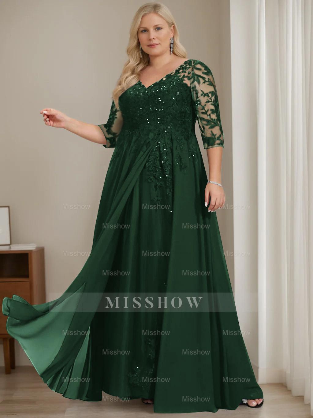 Plus Size V-Neck A-Line Princess Floor-Length Mother of the Bride Dress with Half Sleeves and Sequins