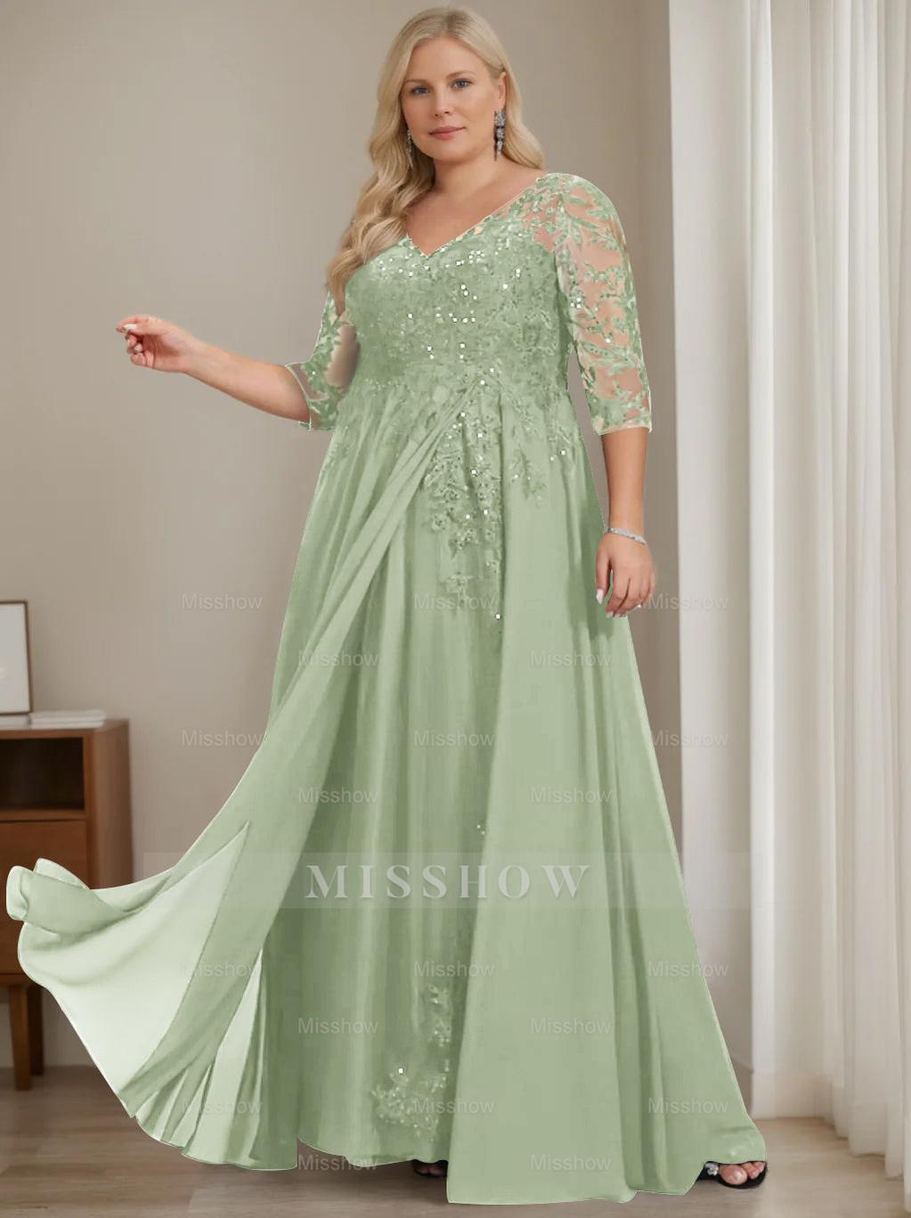 Plus Size V-Neck A-Line Princess Floor-Length Mother of the Bride Dress with Half Sleeves and Sequins