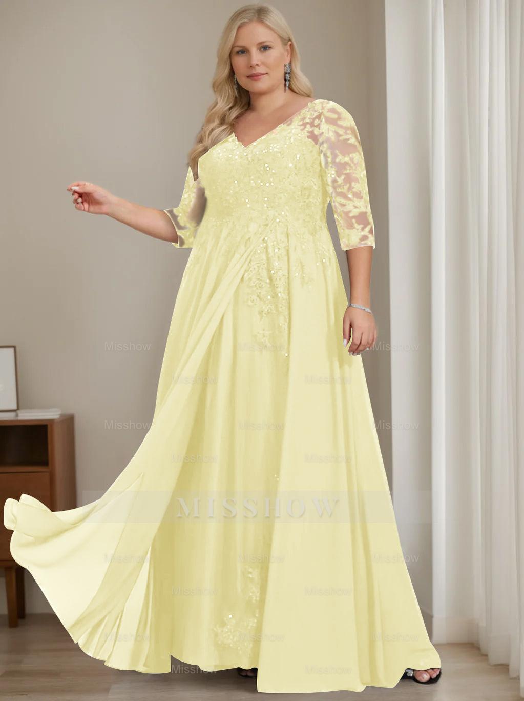 Plus Size V-Neck A-Line Princess Floor-Length Mother of the Bride Dress with Half Sleeves and Sequins