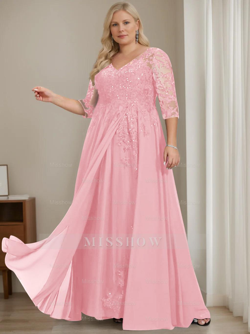 Plus Size V-Neck A-Line Princess Floor-Length Mother of the Bride Dress with Half Sleeves and Sequins