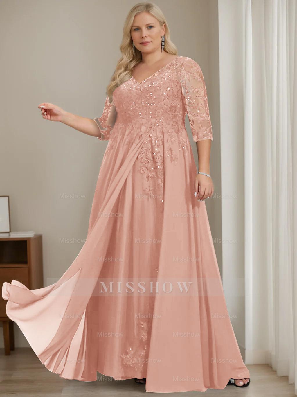 Plus Size V-Neck A-Line Princess Floor-Length Mother of the Bride Dress with Half Sleeves and Sequins