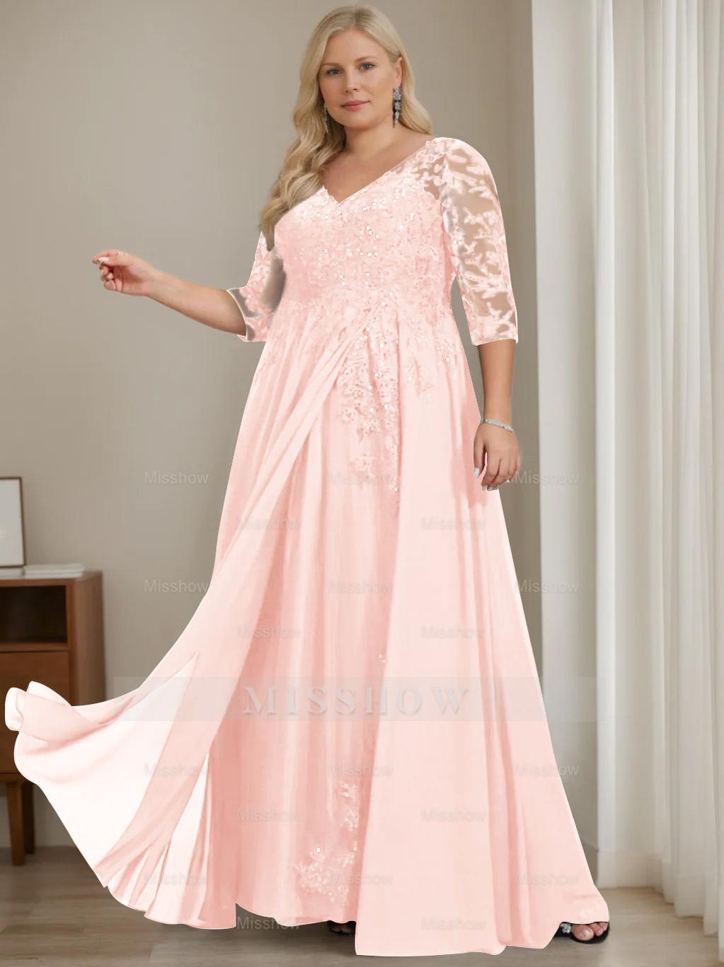 Plus Size V-Neck A-Line Princess Floor-Length Mother of the Bride Dress with Half Sleeves and Sequins