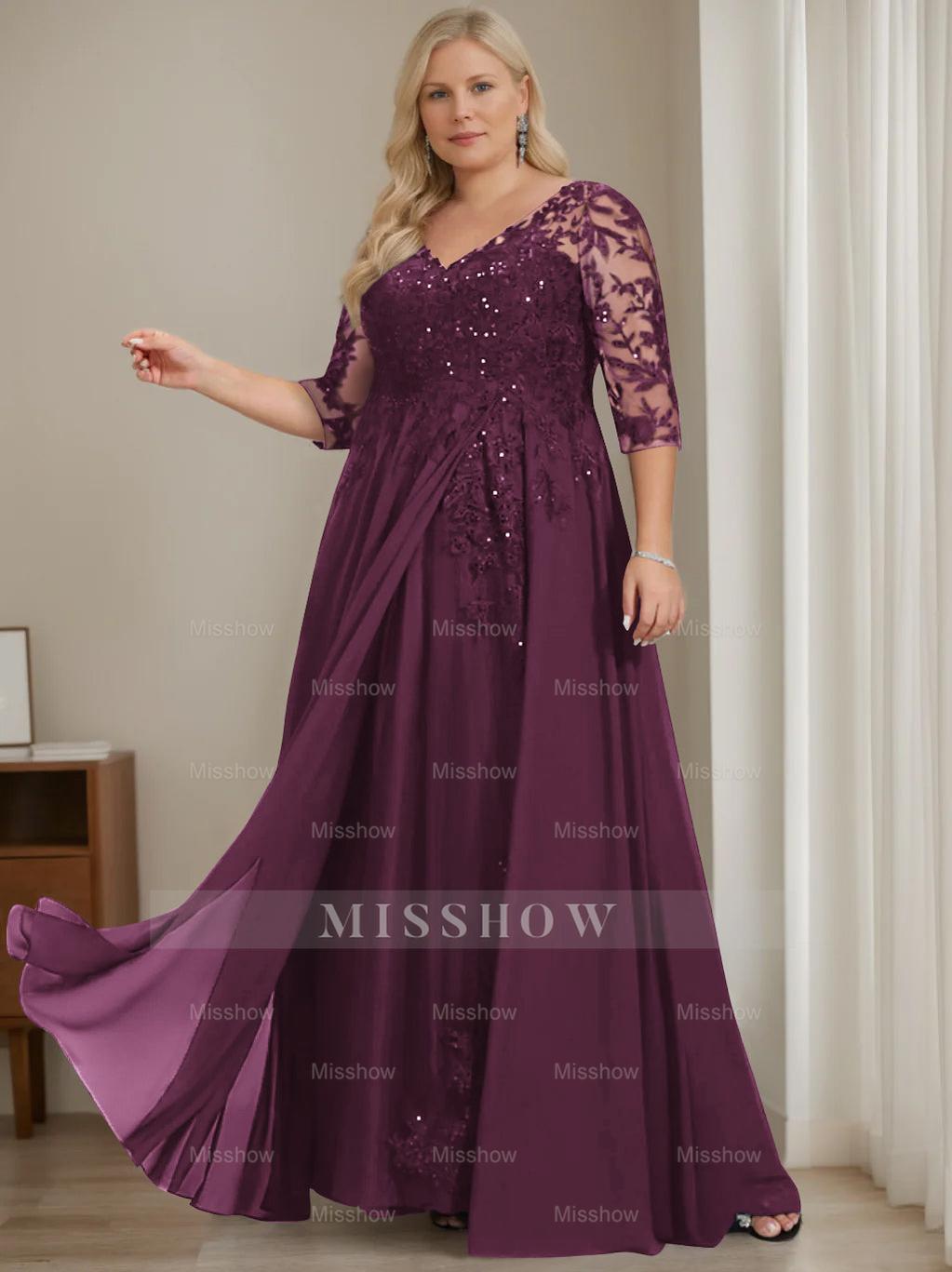 Plus Size V-Neck A-Line Princess Floor-Length Mother of the Bride Dress with Half Sleeves and Sequins