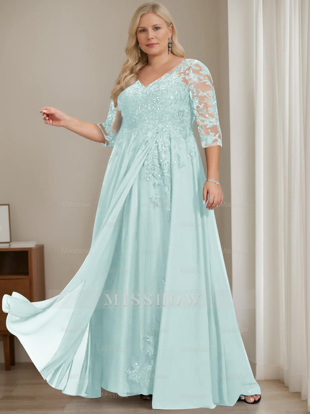 Plus Size V-Neck A-Line Princess Floor-Length Mother of the Bride Dress with Half Sleeves and Sequins