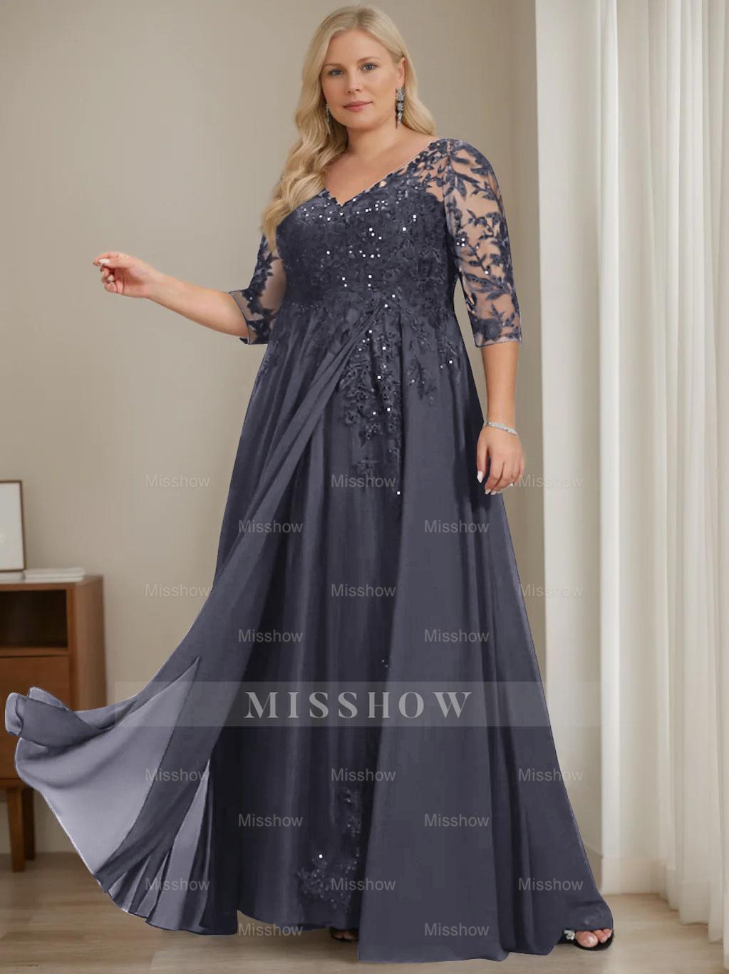 Plus Size V-Neck A-Line Princess Floor-Length Mother of the Bride Dress with Half Sleeves and Sequins
