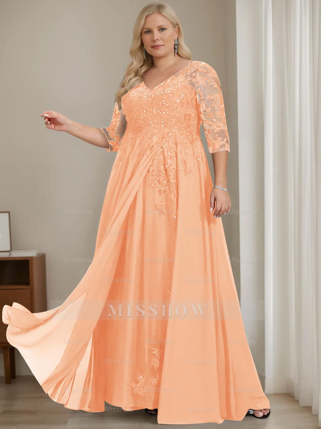 Plus Size V-Neck A-Line Princess Floor-Length Mother of the Bride Dress with Half Sleeves and Sequins