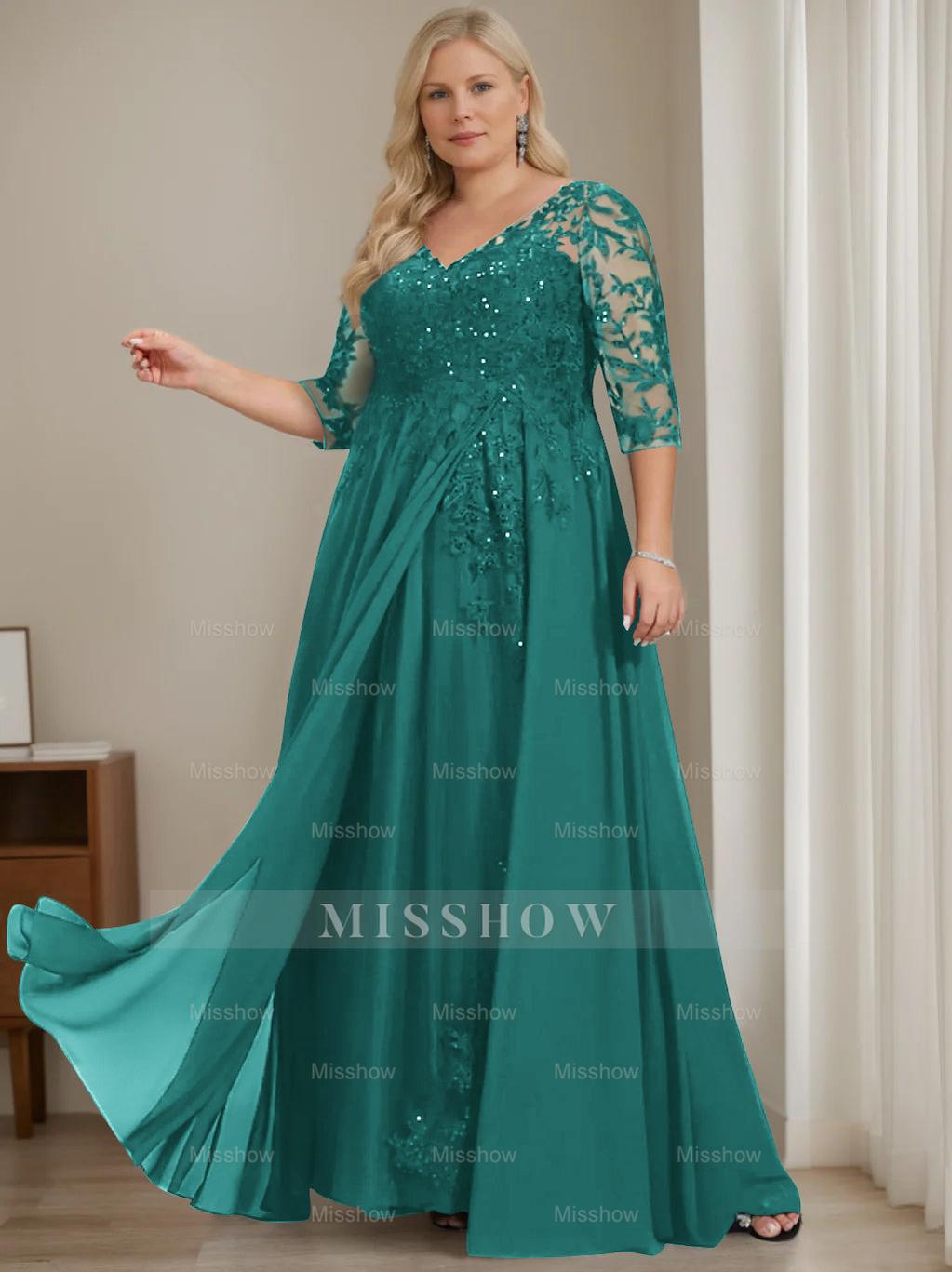 Plus Size V-Neck A-Line Princess Floor-Length Mother of the Bride Dress with Half Sleeves and Sequins