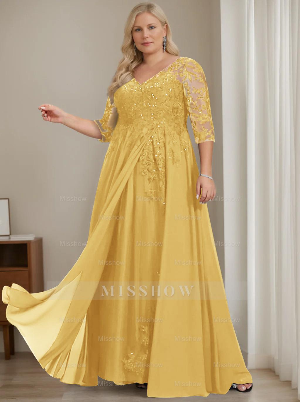Plus Size V-Neck A-Line Princess Floor-Length Mother of the Bride Dress with Half Sleeves and Sequins