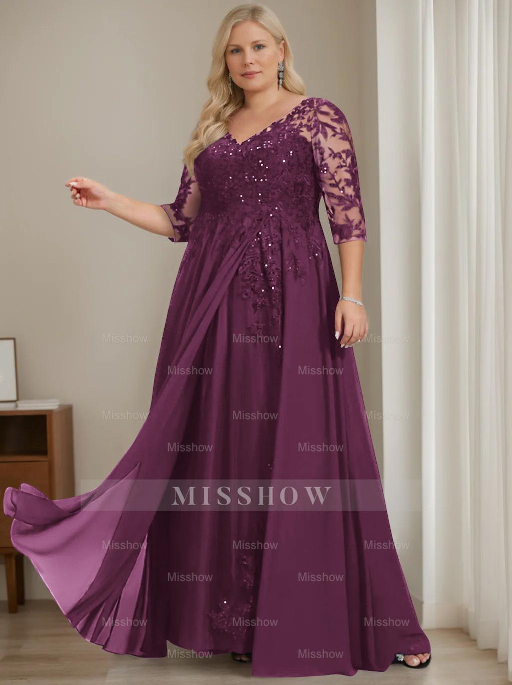 Plus Size V-Neck A-Line Princess Floor-Length Mother of the Bride Dress with Half Sleeves and Sequins