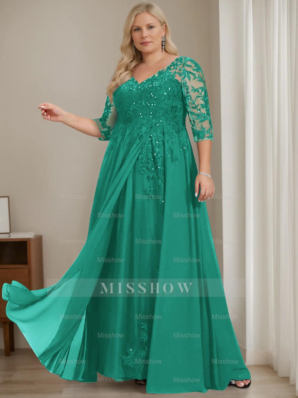 Plus Size V-Neck A-Line Princess Floor-Length Mother of the Bride Dress with Half Sleeves and Sequins