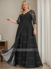 Plus Size V-Neck A-Line Princess Floor-Length Mother of the Bride Dress with Half Sleeves and Sequins