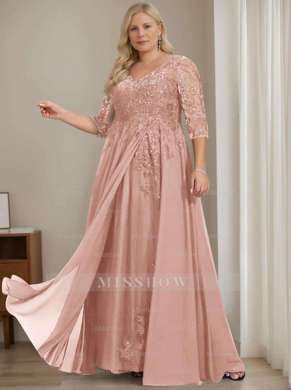 Plus Size V-Neck A-Line Princess Floor-Length Mother of the Bride Dress with Half Sleeves and Sequins