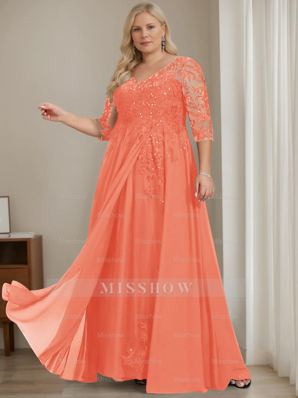 Plus Size V-Neck A-Line Princess Floor-Length Mother of the Bride Dress with Half Sleeves and Sequins