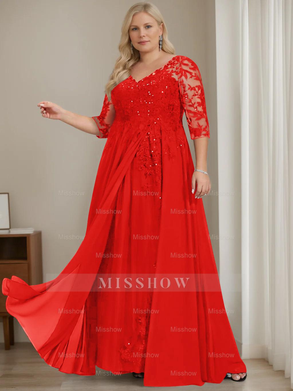 Plus Size V-Neck A-Line Princess Floor-Length Mother of the Bride Dress with Half Sleeves and Sequins