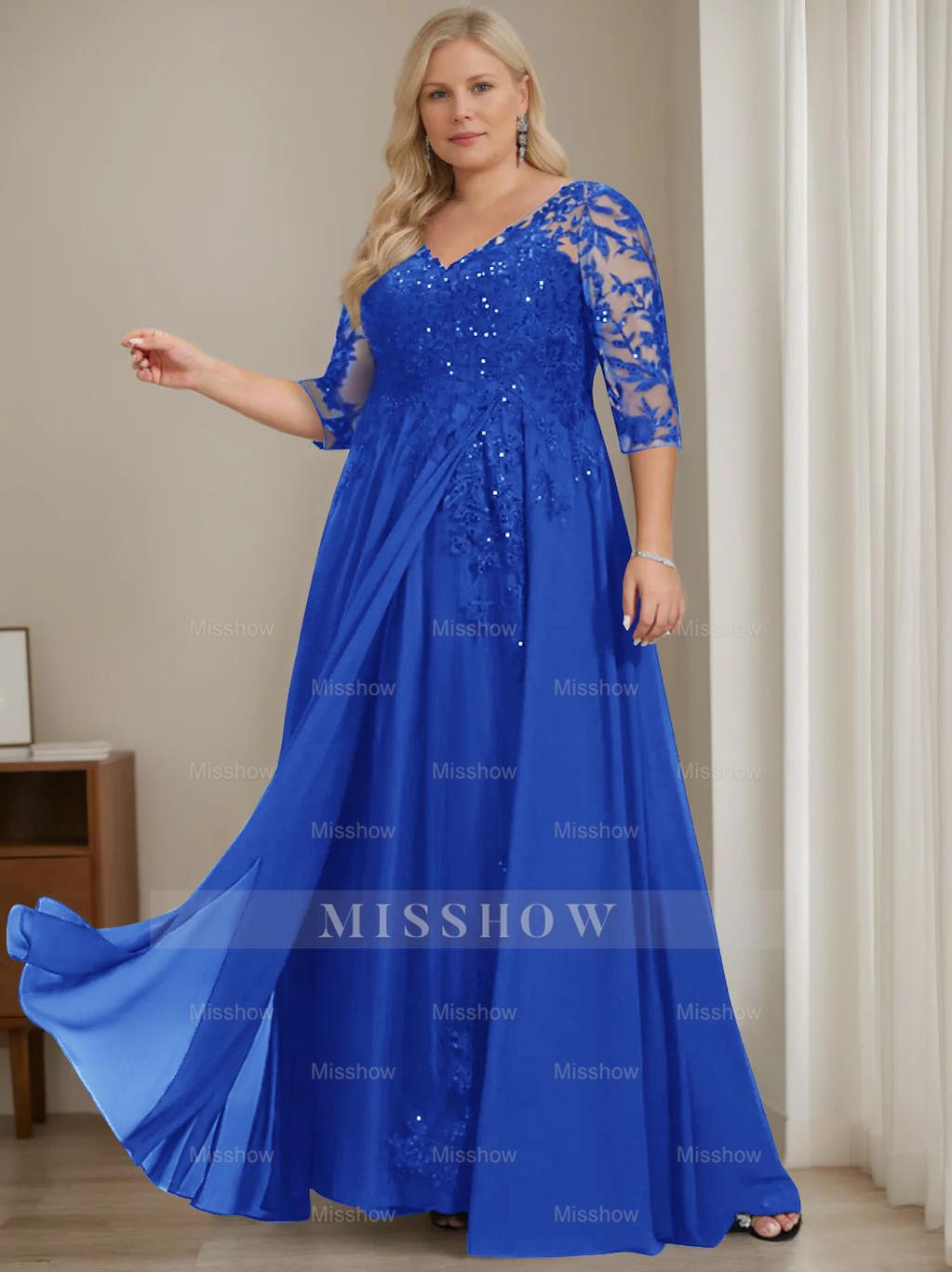 Plus Size V-Neck A-Line Princess Floor-Length Mother of the Bride Dress with Half Sleeves and Sequins