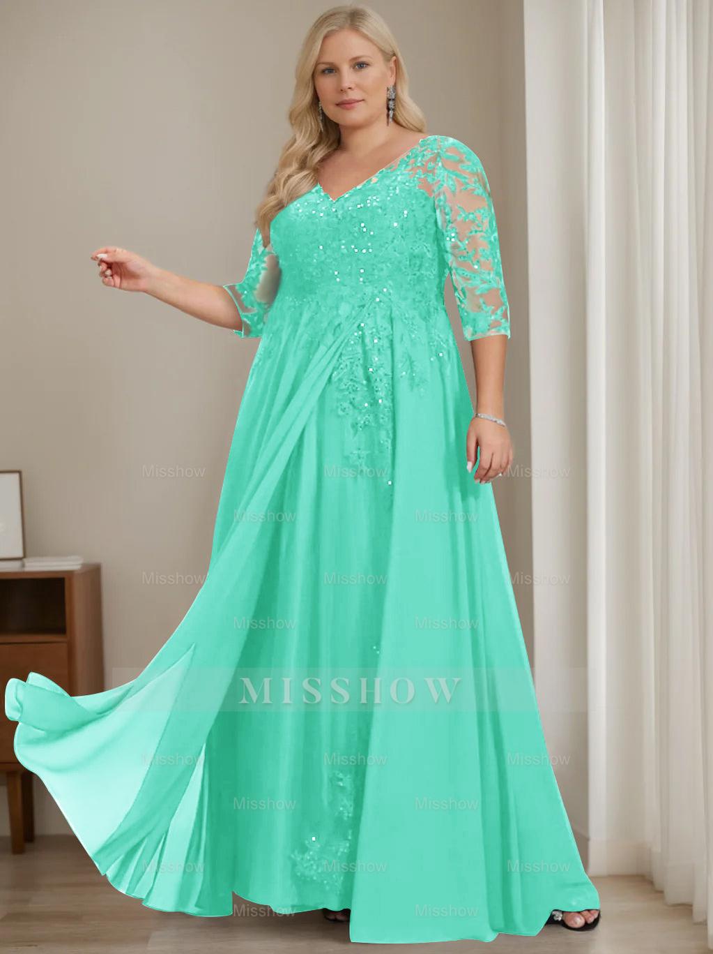Plus Size V-Neck A-Line Princess Floor-Length Mother of the Bride Dress with Half Sleeves and Sequins