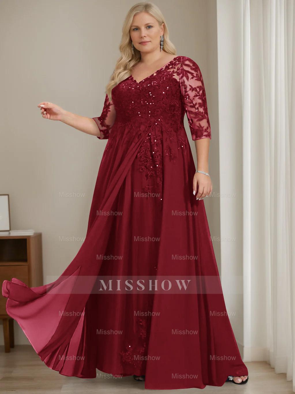 Plus Size V-Neck A-Line Princess Floor-Length Mother of the Bride Dress with Half Sleeves and Sequins